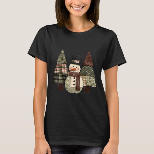 T-shirt Snowman Trees Patchwork Plaid Trees Rustic Christm (Devant)