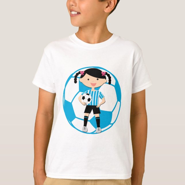 T-shirt Soccer Girl 2 et Ball Bleu et Blancs (Devant)