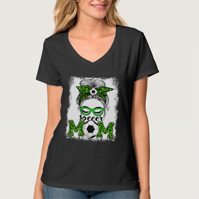 T-shirt Soccer Mom Mother's Day Game Day Messy Bun Leopard (Devant)