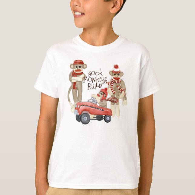 T-shirt Sock Monkey Pedal Car, Sock Monkeys Rule T Shirt (Devant)