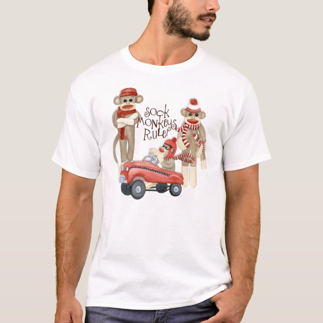T-shirt Sock Monkey Pedal Car, Sock Monkeys Rule T Shirt (Devant)
