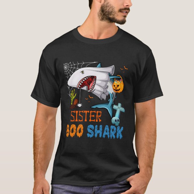 T-shirt Soeur Boo Shark Halloween Shark Ghost with Pumpki (Devant)