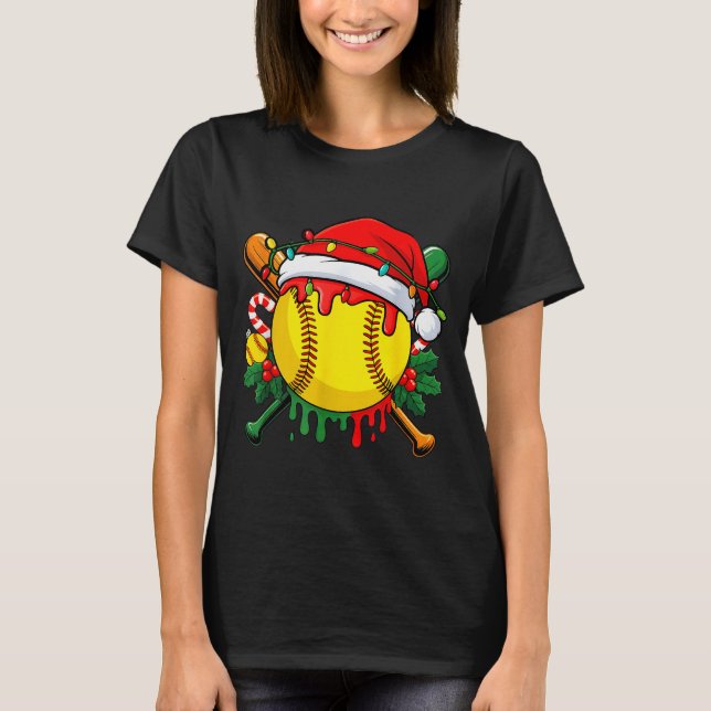 T-shirt Softball Ball Santa Hat Christmas Softball Drip Xm (Devant)