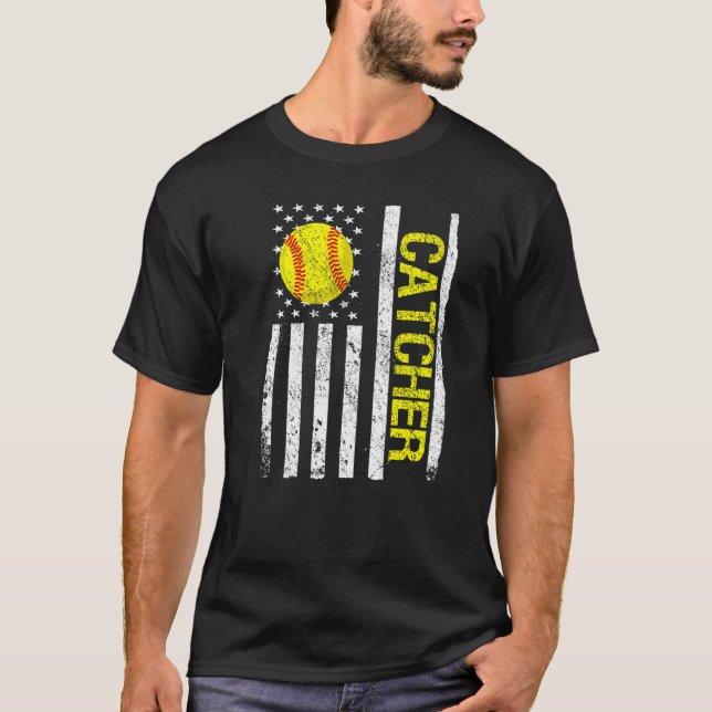T-shirt Softball Catcher American USA Flag (Devant)