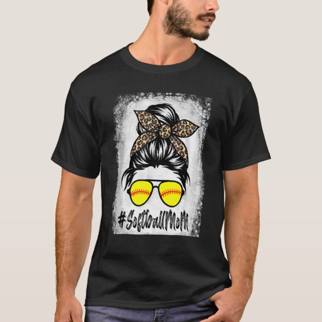 T-shirt Softball Maman Vie Avec Leopard Et Messy Bun Playe (Devant)