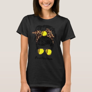 T-shirt Softball Maman Vie Avec Leopard Et Messy Bun Playe