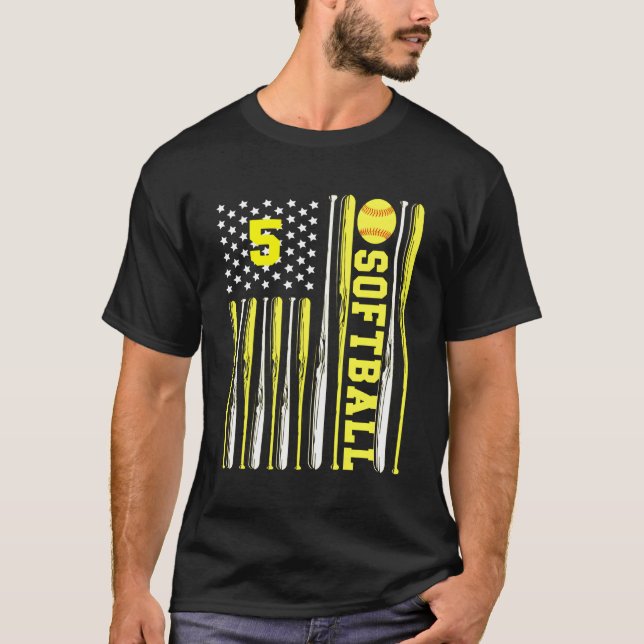 T-shirt Softball Numéro 5 Cinq États-Unis Drapeau Chats ja (Devant)