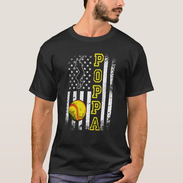 T-shirt Softball Poppa American Flag Vintage Softball (Devant)