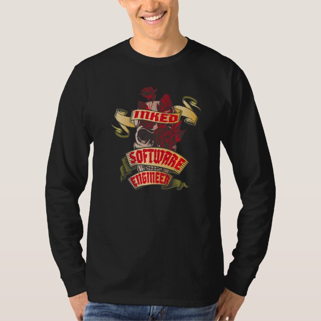 T-shirt Software Engineer Inked Skull & Red Roses Tattoo (Devant)