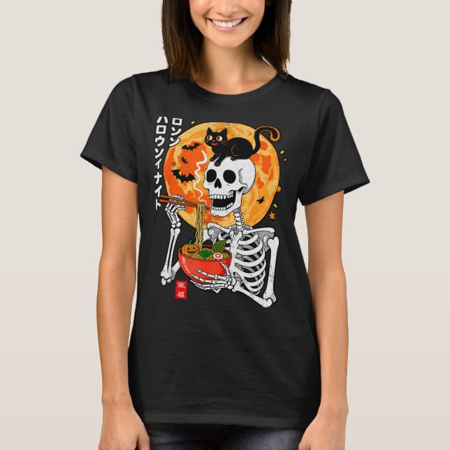T-shirt Soky Skeleton Eating Ramen Bowl With Cat Halloween (Devant)