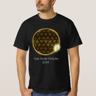 T-shirt Solar Eclipse 2024 Gold Sparkling Flower of Life