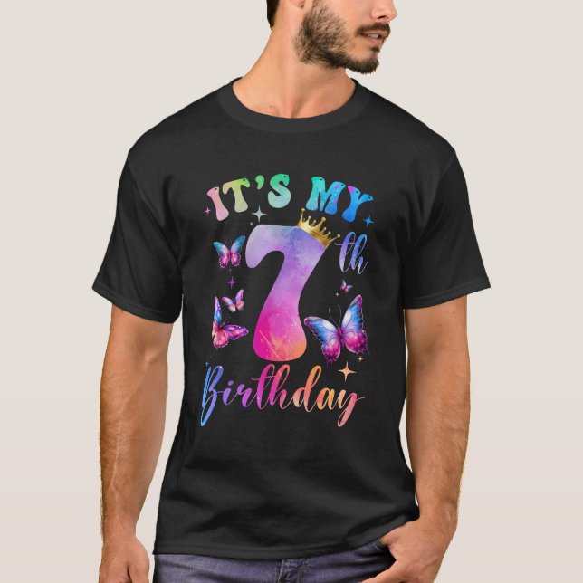 T-shirt Son 7ème anniversaire Filles papillon fête 7 (Devant)
