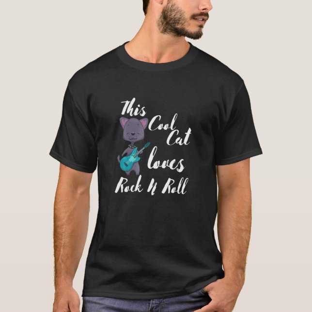 T-shirt Son Chat Aime Le Rock Et Le Roll Guitare Musique (Devant)