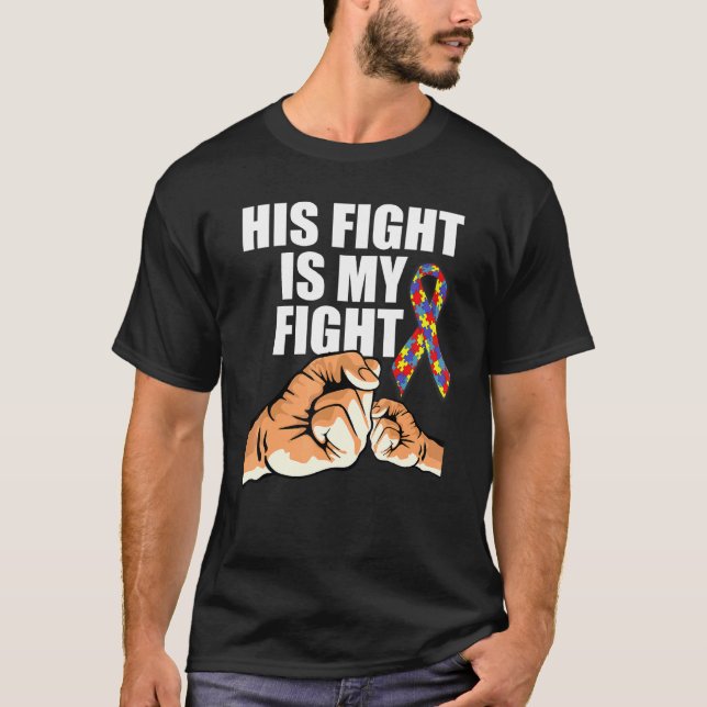T-shirt Son Combat Mon Combat Poing Puzzle Ruban Autisme  (Devant)