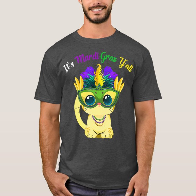 T-shirt Son Mardi Gras Yall Cute Cat Mask Perles Mardi (Devant)