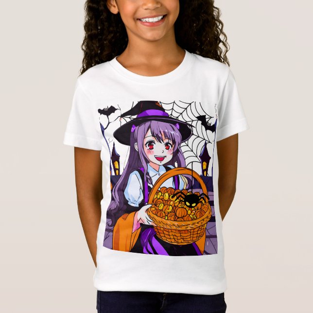 T-Shirt Sorcière Anime avec panier de Citrouilles (Devant)