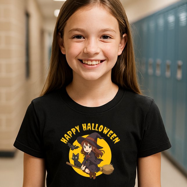 T-Shirt Sorcière Anime & Chat Sur Broom Girls Halloween (Créateur téléchargé)