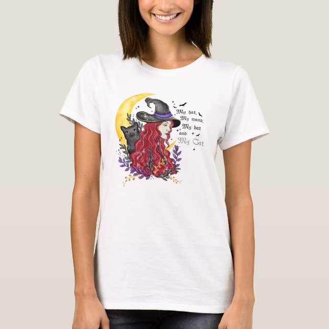 T-shirt Sorcière avec chat noir et lune de croissant (Devant)