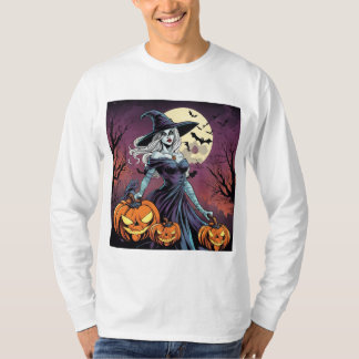T-shirt Sorcière avec Citrouilles en Pleine lune