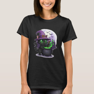 T-shirt Sorcière Chat Noir avec Chaudron et Lune