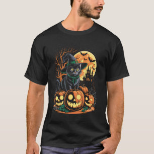 T-shirt Sorcière Chat Noir Rétro Citrouille d'Halloween Fe