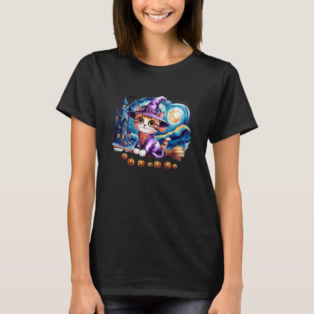 T-shirt Sorcière de Chat Mignon Fantôme Effrayant Équipe d (Devant)