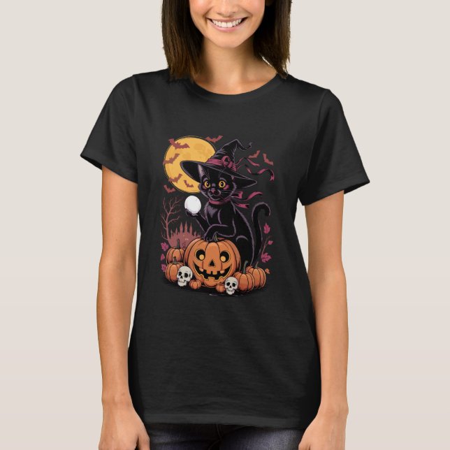 T-shirt Sorcière de chat noir rétro Épouvantable citrouill (Devant)
