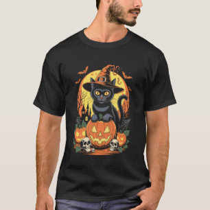 T-shirt Sorcière de chat noir rétro Épouvantable Citrouill