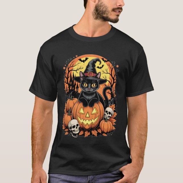 T-shirt Sorcière de chat noir rétro Épouvantable citrouill (Devant)