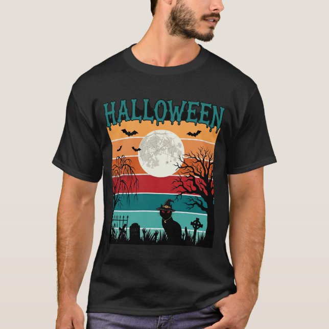 T-shirt Sorcière de Halloween Chat Toile d'araignée Lune C (Devant)