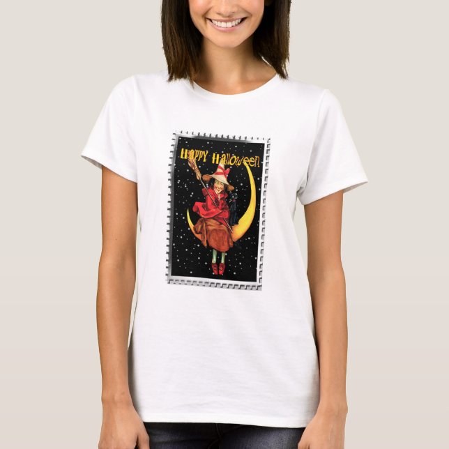 T-shirt Sorcière de Halloween nostalgique et son chat (Devant)