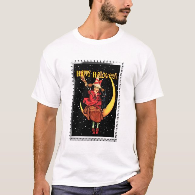 T-shirt Sorcière de Halloween nostalgique et son chat (Devant)