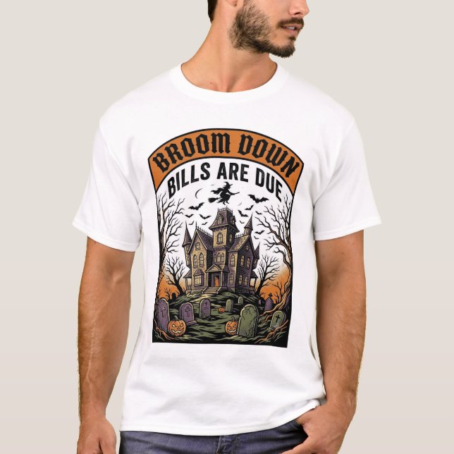 T-shirt sorcière de ramasseur de facture d'Halloween balai (Devant)