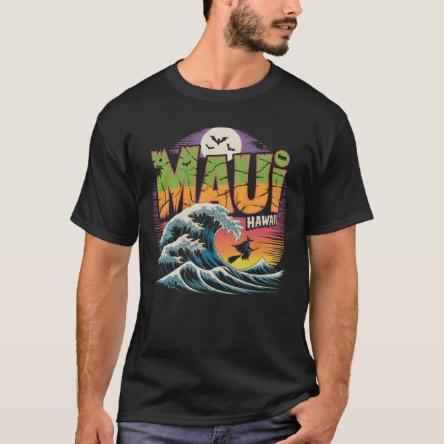 T-shirt Sorcière de surf sur Broom Maui Hawaii Halloween (Devant)