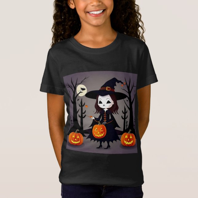T-Shirt Sorcière d'Halloween avec citrouilles (Devant)
