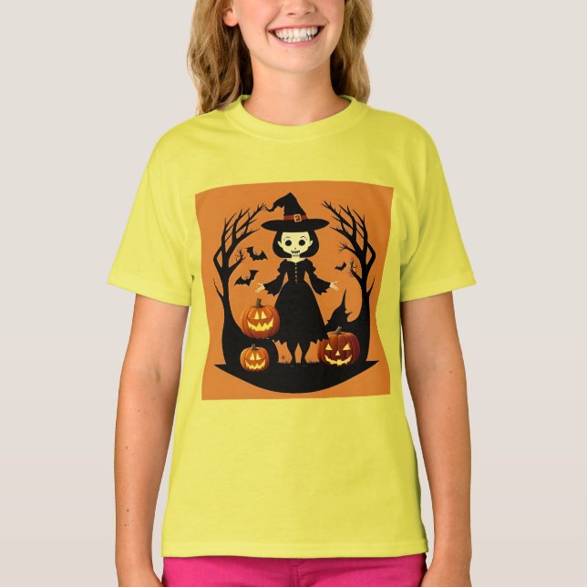 T-shirt Sorcière d'Halloween avec citrouilles dans un cadr (Devant)