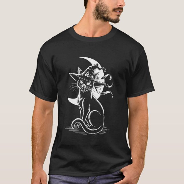 T-shirt Sorcière d'Halloween Chat Noir (Devant)