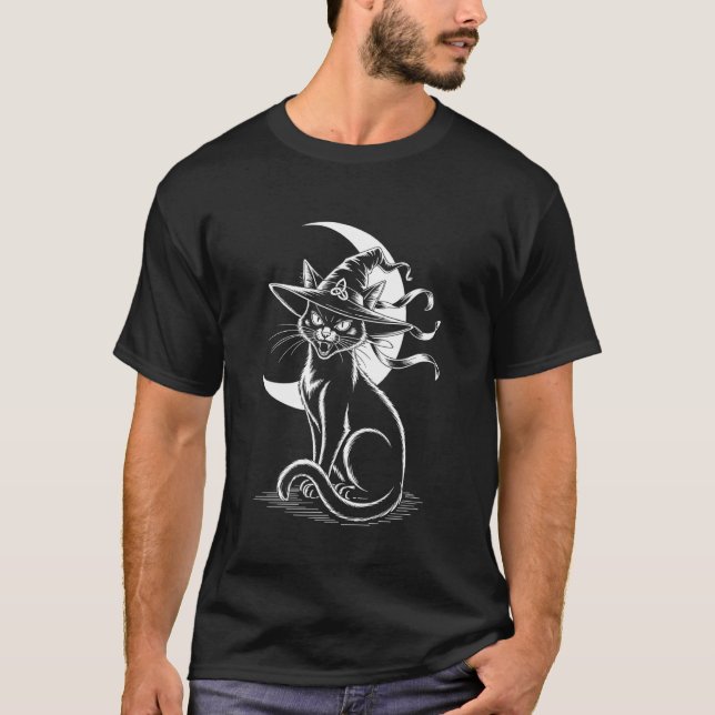T-shirt Sorcière d'Halloween Chat Noir (Devant)