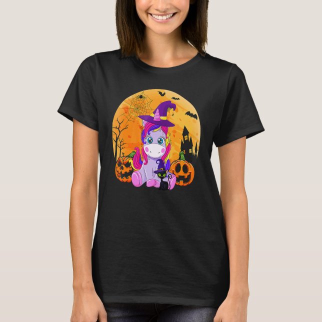 T-shirt Sorcière d'Halloween Licorne Chat Noir Citrouille  (Devant)