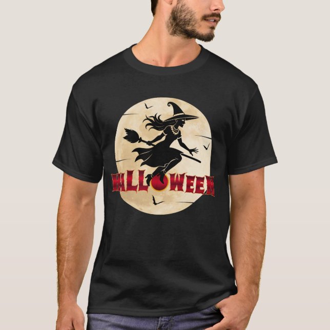 T-shirt Sorcière d'Halloween sur un balai (Devant)