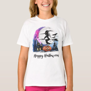 T-shirt Sorcière d'Halloween volant au-dessus de la maison