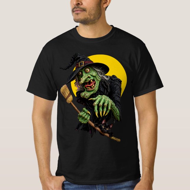 T-shirt SORCIÈRE EFFRAYANTE avec BALAI et CHAT NOIR (Devant)