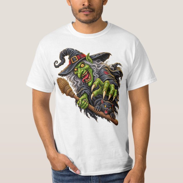 T-shirt SORCIÈRE EFFRAYANTE avec BALAI et CHAT NOIR (Devant)