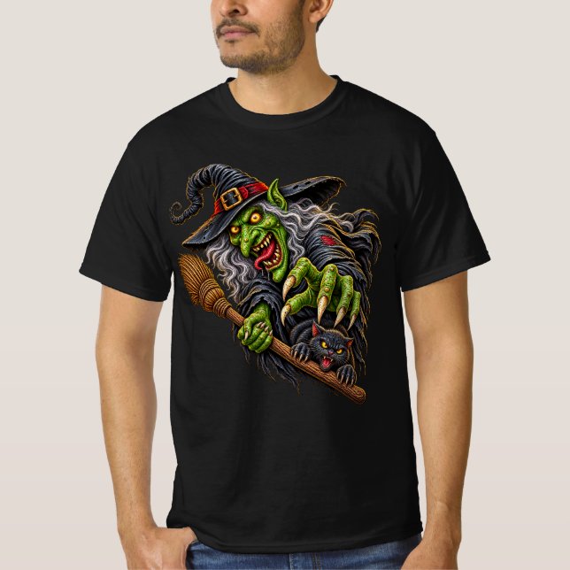 T-shirt SORCIÈRE EFFRAYANTE avec BALAI et CHAT NOIR (Devant)