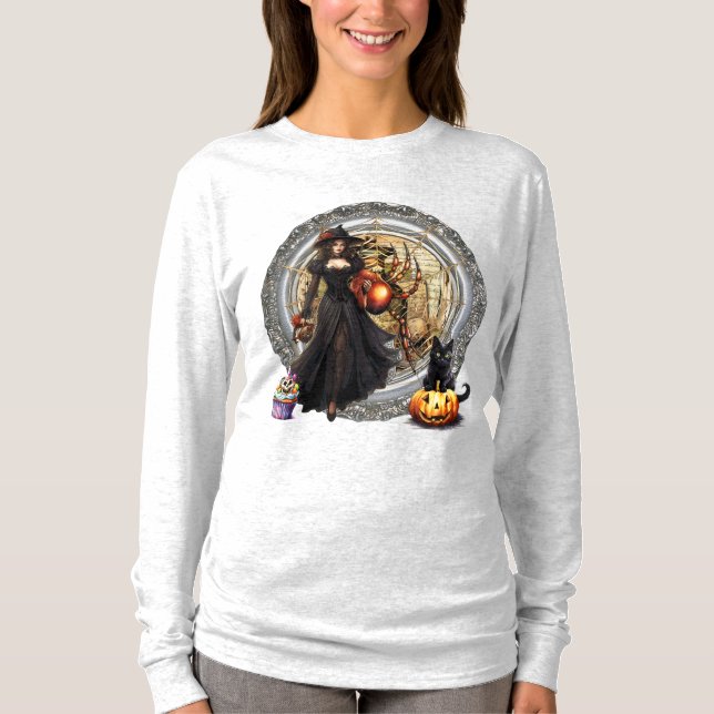 T-shirt Sorcière Et Chat Halloween (Devant)