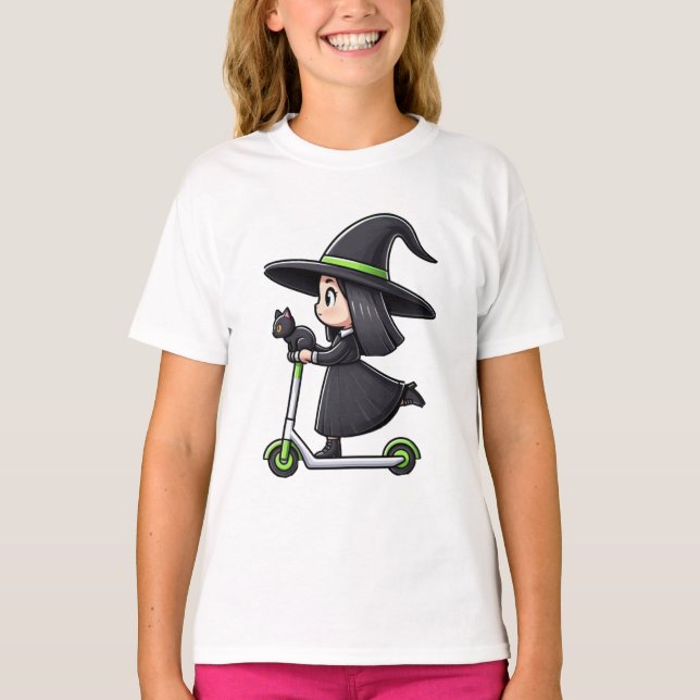 T-shirt Sorcière fille avec chat faisant de la trottinette (Devant)