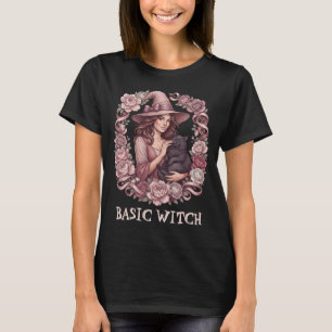 T-shirt Sorcière Fleurie Rose et Chat Noir Coquette