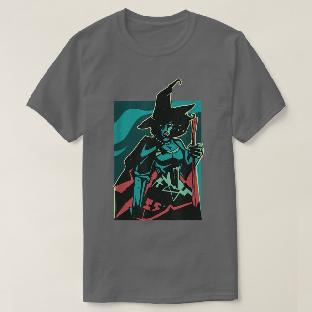 T-shirt Sorcière Foncé Avec Une Sorcière De Salle Magique  (Design devant)