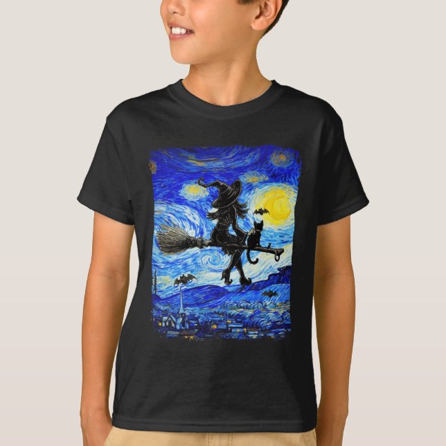 T-shirt Sorcière Halloween Starry Night Van Gogh Aesthétiq (Devant)