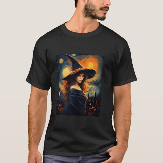 T-shirt Sorcière Halloween Starry Night Van Gogh Aesthétiq (Devant)